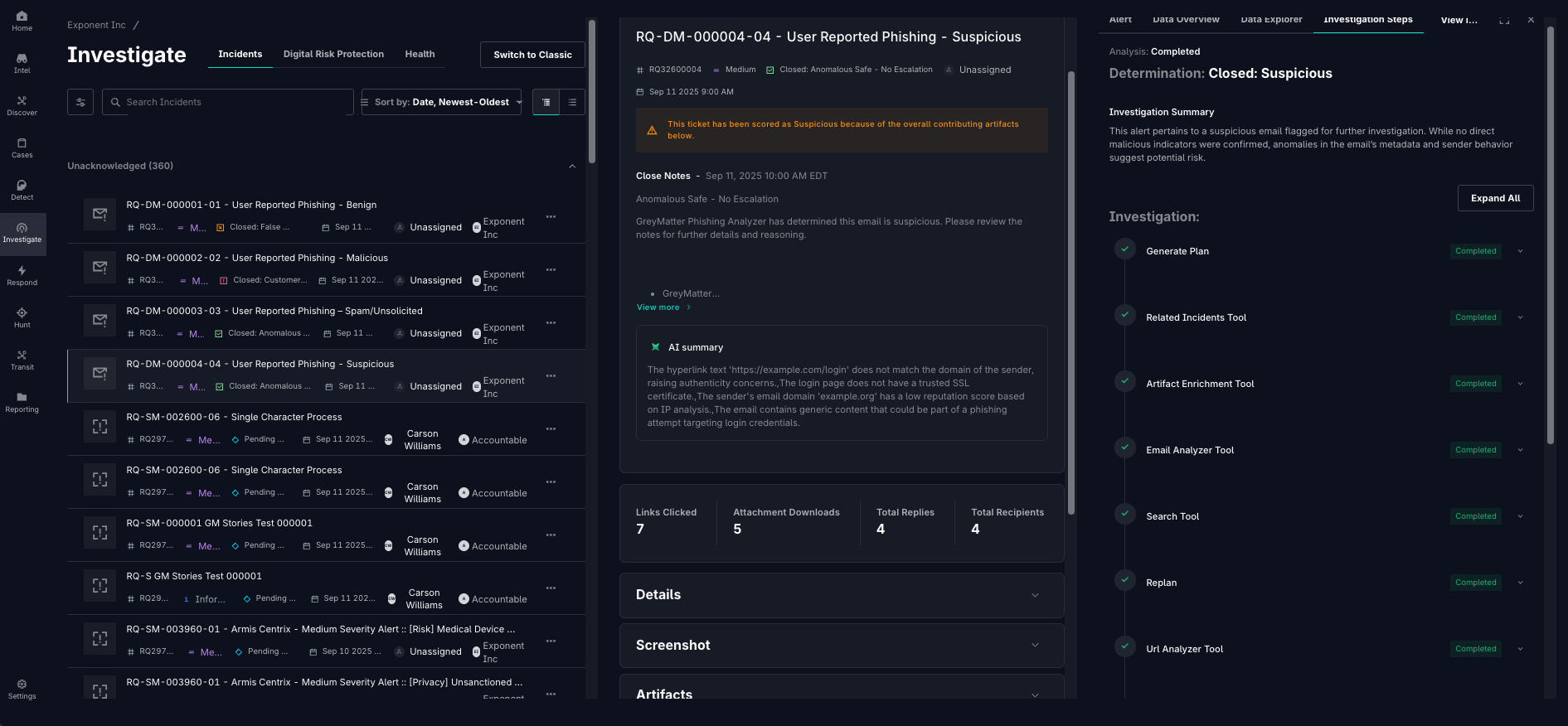 GreyMatter AI Investigation Summary Page Screenshot